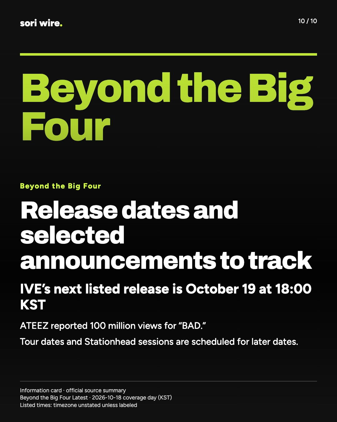 Release dates and selected announcements to track — IVE’s next listed release is October 19 at 18:00 KST