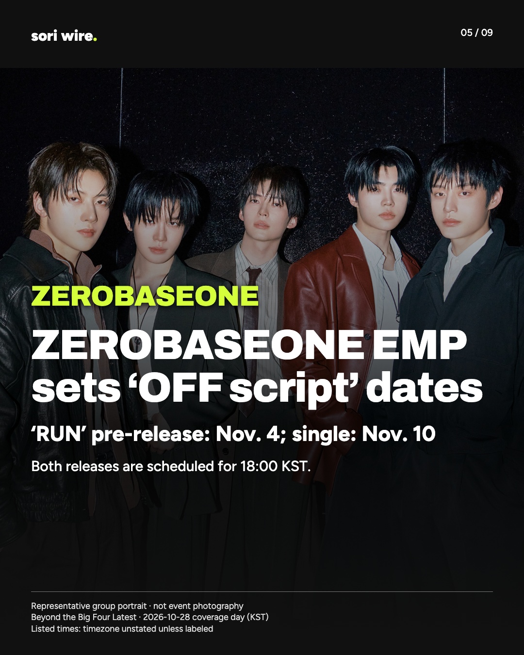ZEROBASEONE EMP sets ‘OFF script’ dates — ‘RUN’ pre-release: Nov. 4; single: Nov. 10