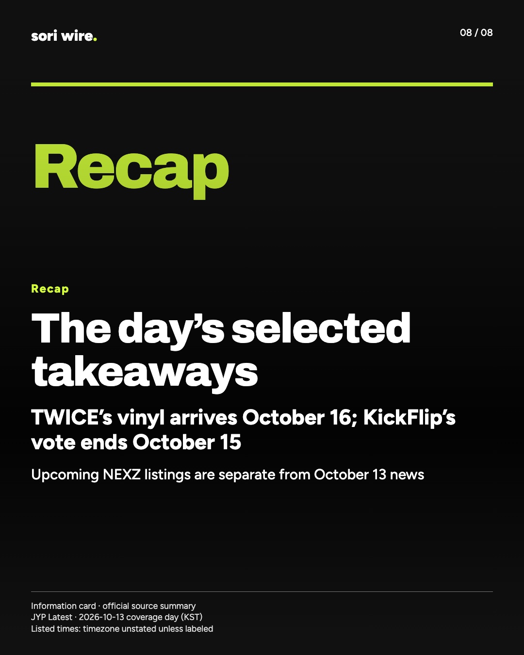 The day’s selected takeaways — TWICE’s vinyl arrives October 16; KickFlip’s vote ends October 15