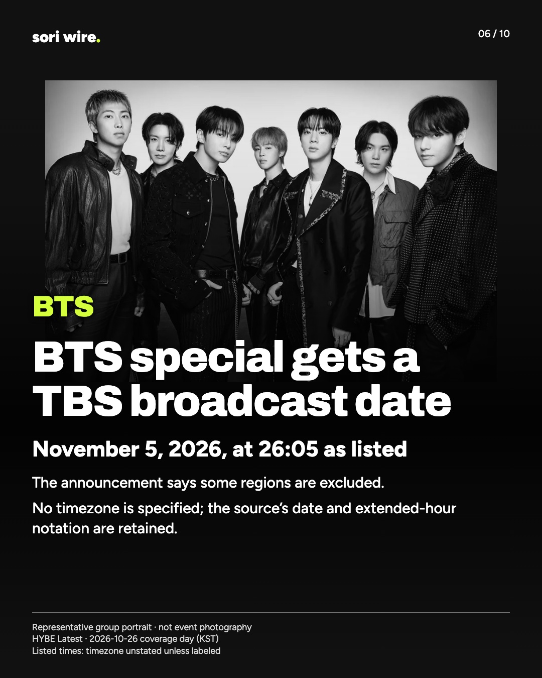 BTS special gets a TBS broadcast date — November 5, 2026, at 26:05 as listed
