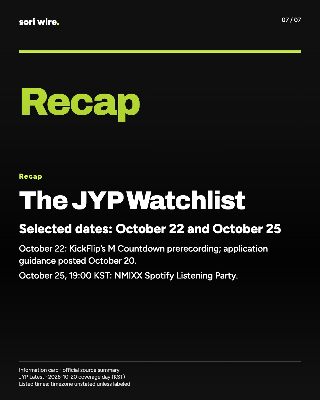 The JYP Watchlist — Selected dates: October 22 and October 25