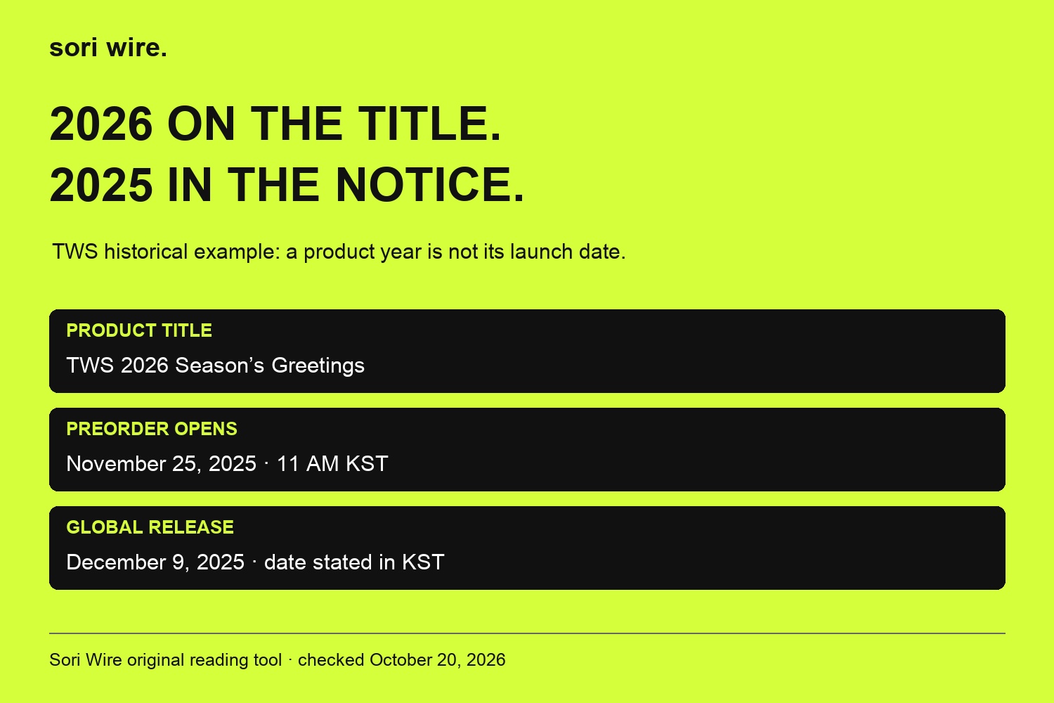TWS 2026 product label with historical November25 preorder and December9 Global release in2025; not a current offer