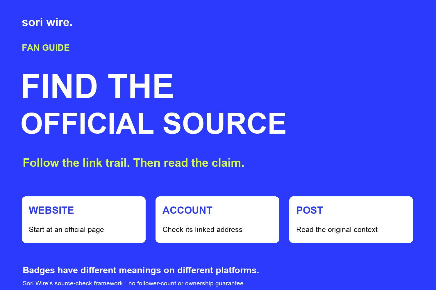 Blue infographic: begin at an official website, follow its account link, then inspect the original post