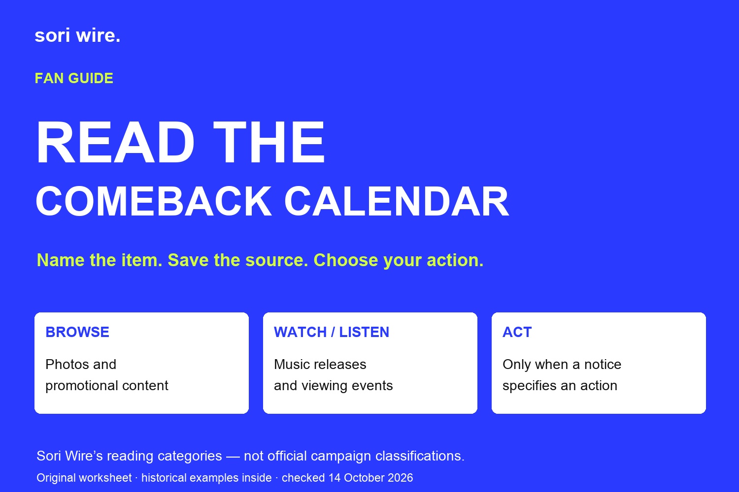 Blue reading framework divides a comeback calendar into browse, watch or listen, and explicitly stated actions; categories are editorial advice